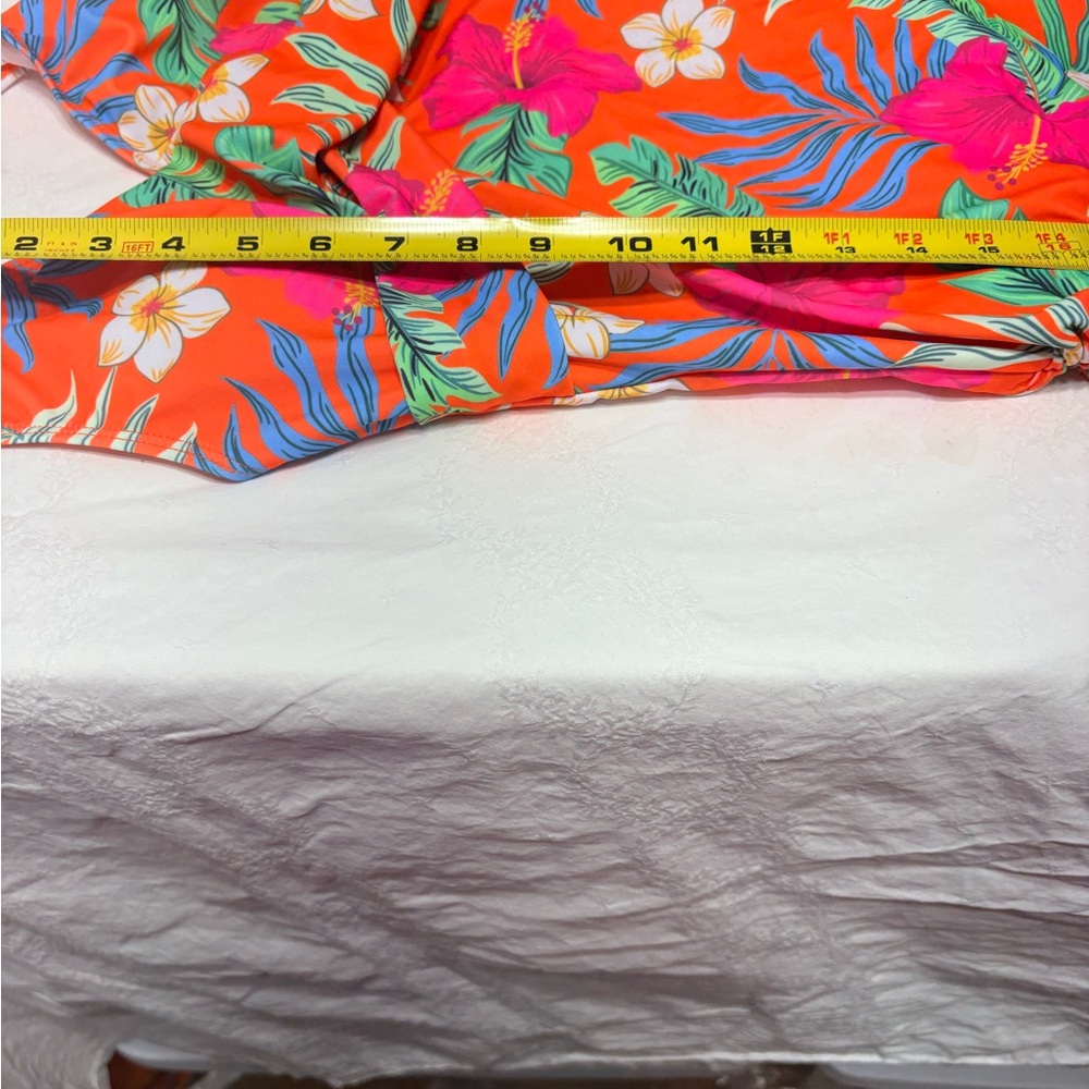 bright orange floral print halter tankini swim top with adjustable side ruching. - Picture 6 of 9